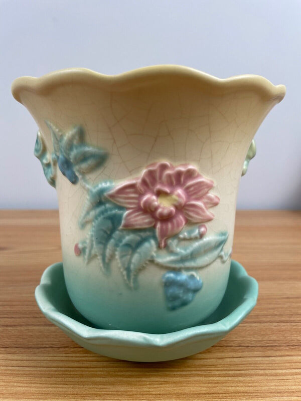 HULL ART POTTERY WOODLAND FLOWER POT PLANTER W/ SAUCER PASTEL YELLOW/GREEN