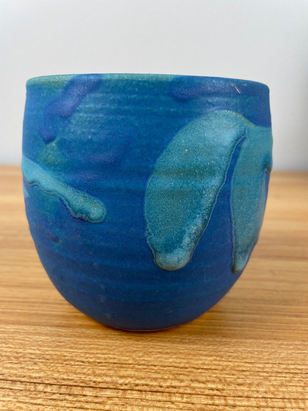 JT Abernathy art pottery Blue Abstract Vase signed, Ann Arbor, Cranbrook 4" Tall