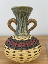 Stephen Kostyshyn Basket Vase Art Pottery & Hand Woven Green Ceramic Signed 7"