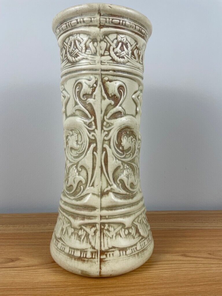 Antique Weller Pottery Vase 14” Clinton White Art Nouveau Mermaid ladies & vines