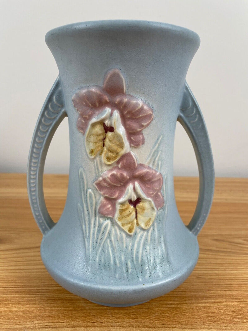 Hull Art Pottery 6.5” Tall Orchid Double Handles Vase, 304-6 Blue Vintage