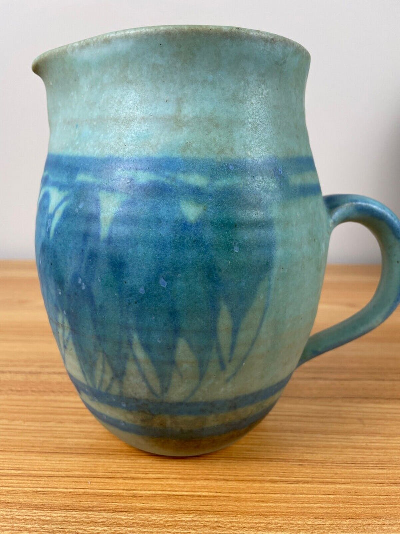 Signed JT Abernathy Art Pottery Blue Glaze 7” Tall Water Pitcher Abstract Design