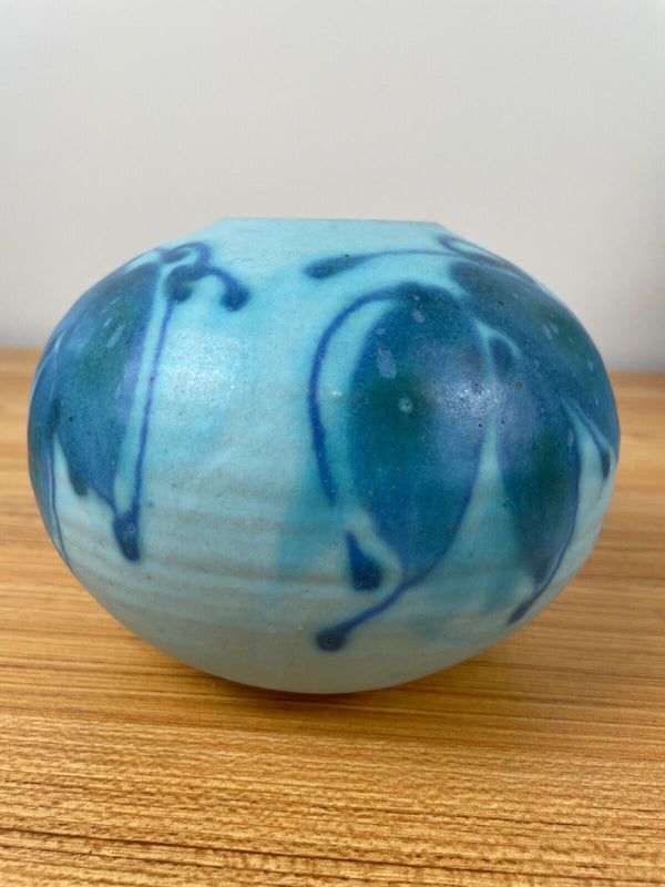 JT Abernathy art pottery Blue Round Cabinet Vase signed, Ann Arbor, 5" Tall