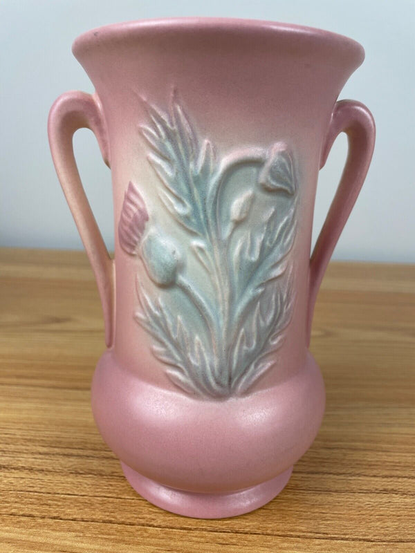 Vintage Hull Pink Green Art Pottery Double Handle Vase with Thistle #53-6 1/2