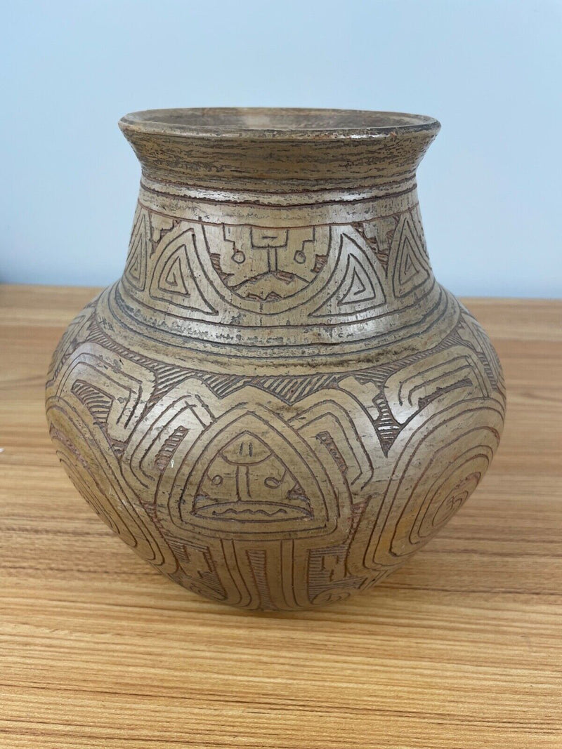 BRAZIL AMAZONIAN RED CLAY POTTERY JAR ETCHED PATTERN BY RAIMUNDO CARDOSO 8" Wide