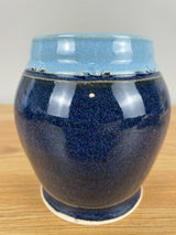 Audrey McKeon Pottery Vase Blue Signed 5 Inches Vintage 1999 Carved Rim