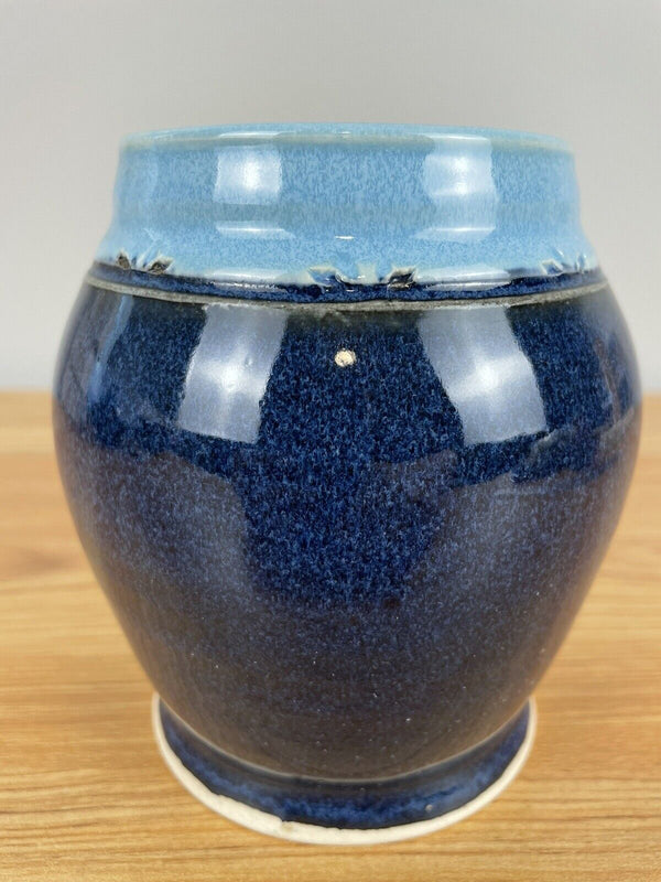 Audrey McKeon Pottery Vase Blue Signed 5 Inches Vintage 1999 Carved Rim