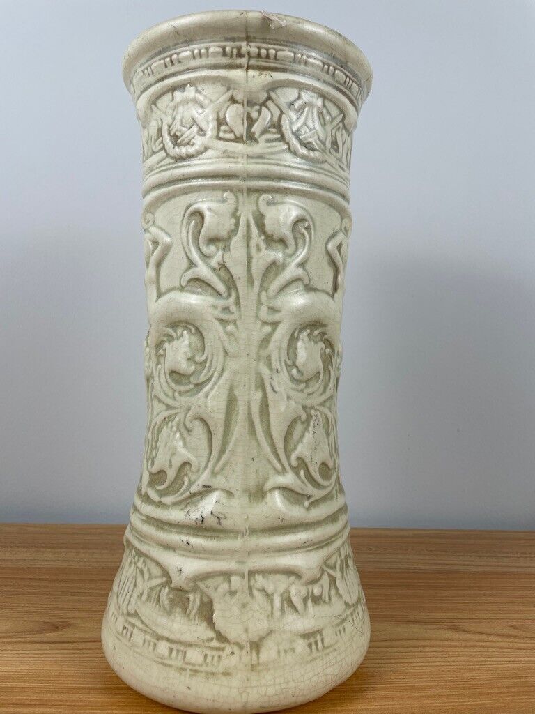 Antique Weller Pottery Vase 14” Clinton White Art Nouveau Mermaid ladies & vines