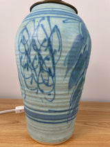 JT Abernathy Blue Glazed Art Pottery Table Lamp With Leaf Designs Body 12" Tall