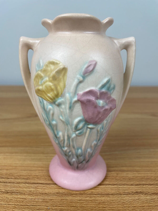 Hull Art Pottery 1943-1944 Matte Pink To Yellow Poppy 4.75" Vase #607