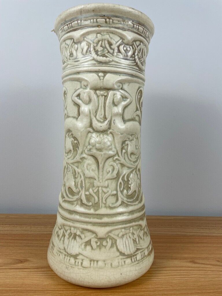 Antique Weller Pottery Vase 14” Clinton White Art Nouveau Mermaid ladies & vines