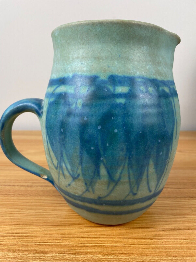 Signed JT Abernathy Art Pottery Blue Glaze 7” Tall Water Pitcher Abstract Design