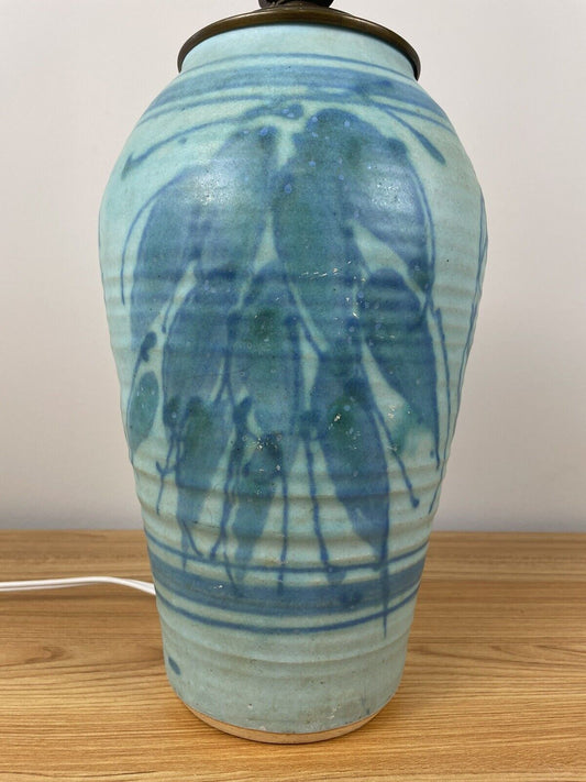 JT Abernathy Blue Glazed Art Pottery Table Lamp With Leaf Designs Body 12" Tall