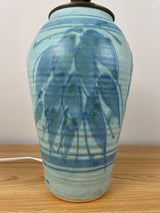 JT Abernathy Blue Glazed Art Pottery Table Lamp With Leaf Designs Body 12" Tall