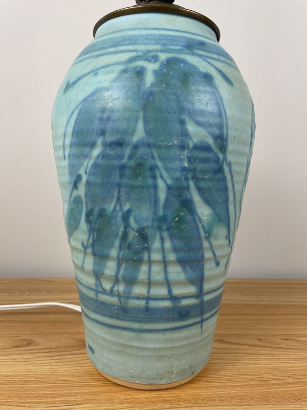 JT Abernathy Blue Glazed Art Pottery Table Lamp With Leaf Designs Body 12" Tall