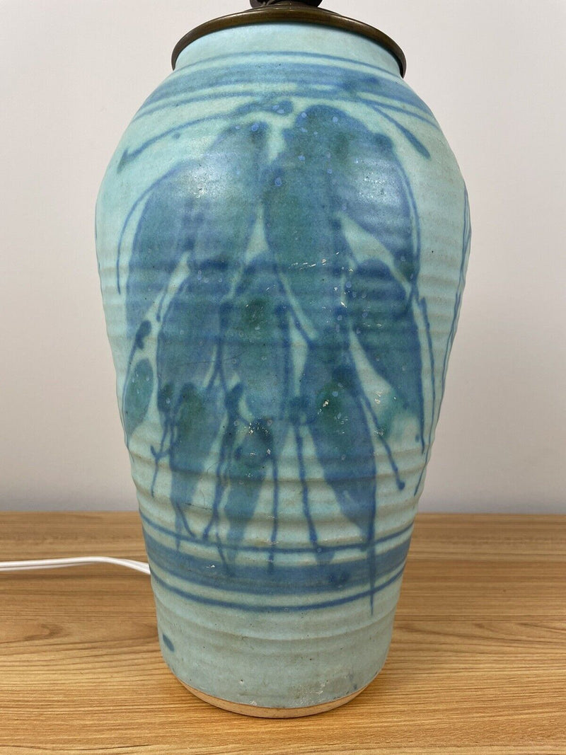 JT Abernathy Blue Glazed Art Pottery Table Lamp With Leaf Designs Body 12" Tall