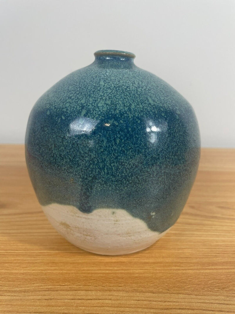 Vintage Nancy Kibens Blue Drip 5" Cabinet Vase Signed Art Pottery Weed Pot