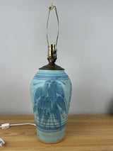 JT Abernathy Blue Glazed Art Pottery Table Lamp With Leaf Designs Body 12" Tall