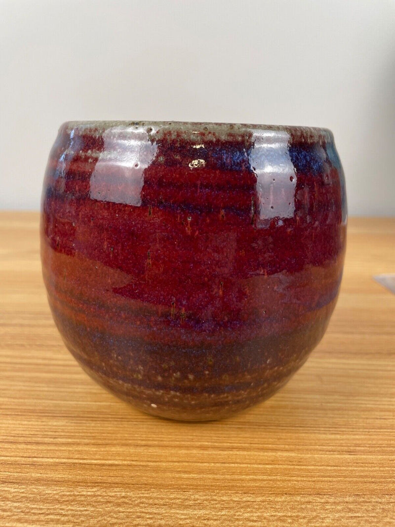 JT Abernathy art pottery Blue Cabinet Vase signed Oxblood Red & Purple 4.5" Tall