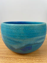 JT Abernathy art pottery Blue Wave Bowl signed, Ann Arbor, Cranbrook 3" Tall