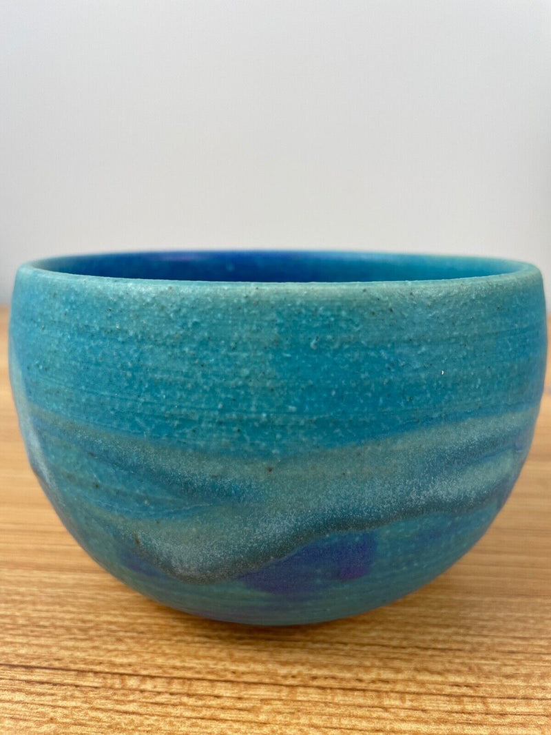 JT Abernathy art pottery Blue Wave Bowl signed, Ann Arbor, Cranbrook 3" Tall