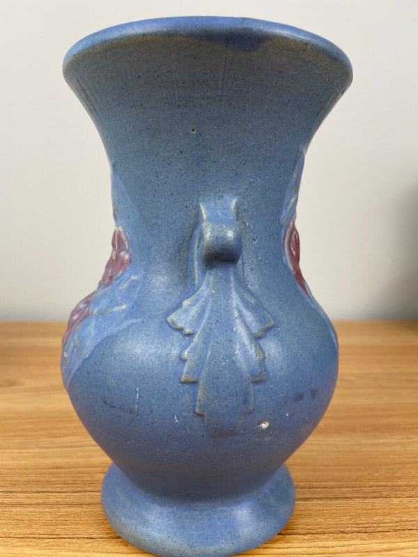 ANTIQUE Brush McCoy ART Pottery 8" MATTE Blue W/Floral Decoration #741 Vase