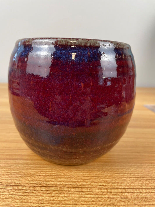 JT Abernathy art pottery Blue Cabinet Vase signed Oxblood Red & Purple 4.5" Tall