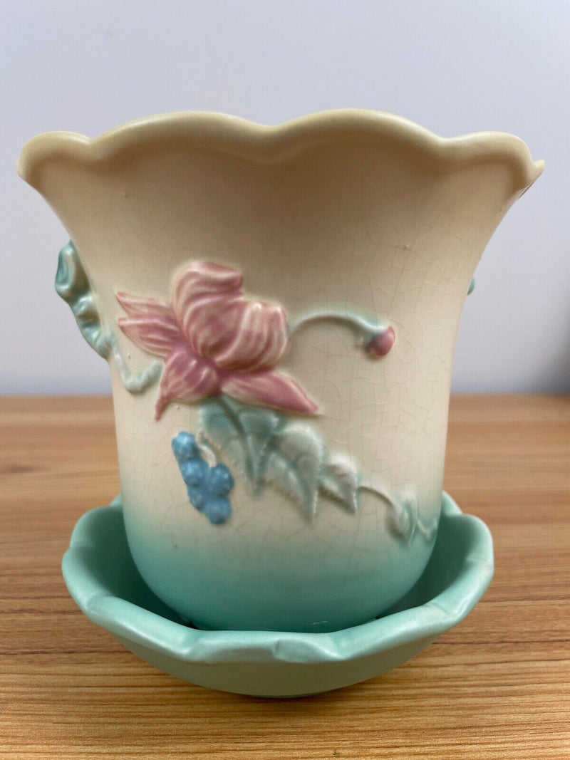 HULL ART POTTERY WOODLAND FLOWER POT PLANTER W/ SAUCER PASTEL YELLOW/GREEN