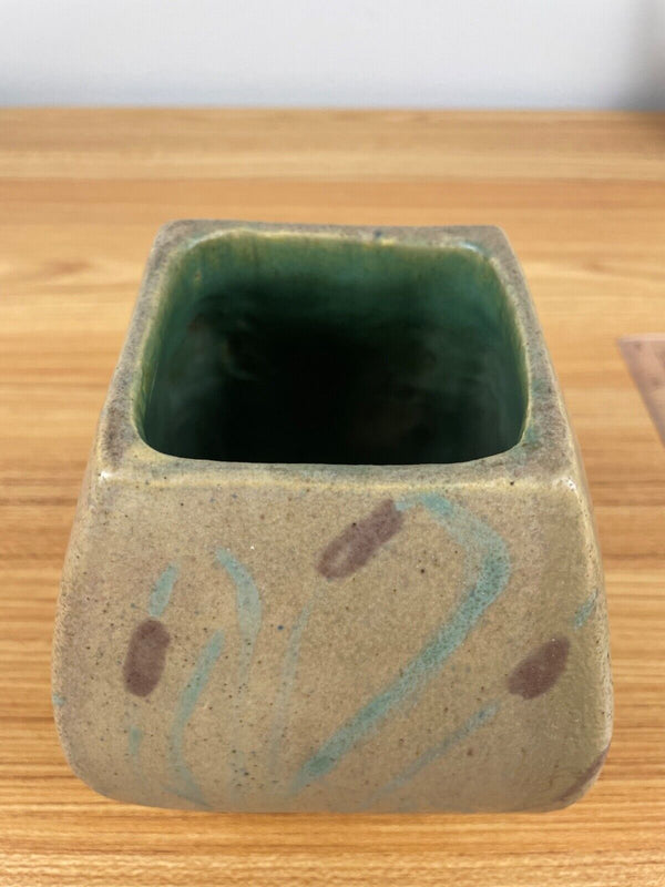 Antique Studio Art Pottery / Student Hand Decorated Cattail Square Vase Signed