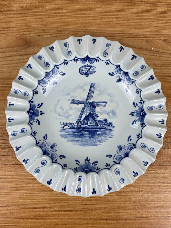 Hand Painted Delft Holland Pottery Ruffled Rim Bowl/Ashtray, Blue And White Rare