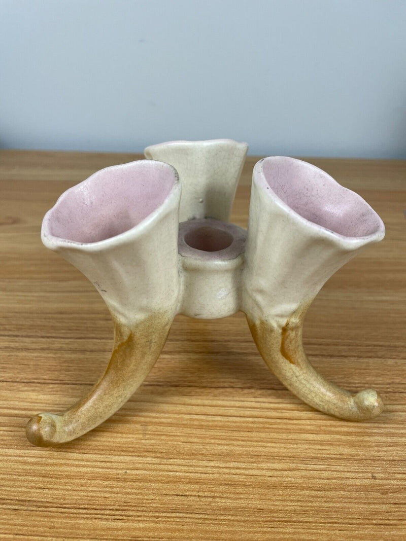 Rumrill 1940s Vintage Art Pottery Pink & Brown Triple Horn Bud Vase 4" Tall