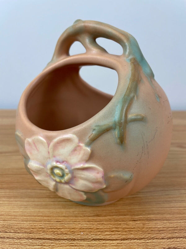 Weller Wild Rose Art Pottery Vintage Ceramic Peach Handle Basket 6" White Flower