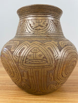 BRAZIL AMAZONIAN RED CLAY POTTERY JAR ETCHED PATTERN BY RAIMUNDO CARDOSO 8" Wide