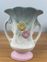 VINTAGE HULL #120 MATTE TEAL, CREAM & PINK OPEN ROSE DOUBLE HANDLED VASE-6 1/4”