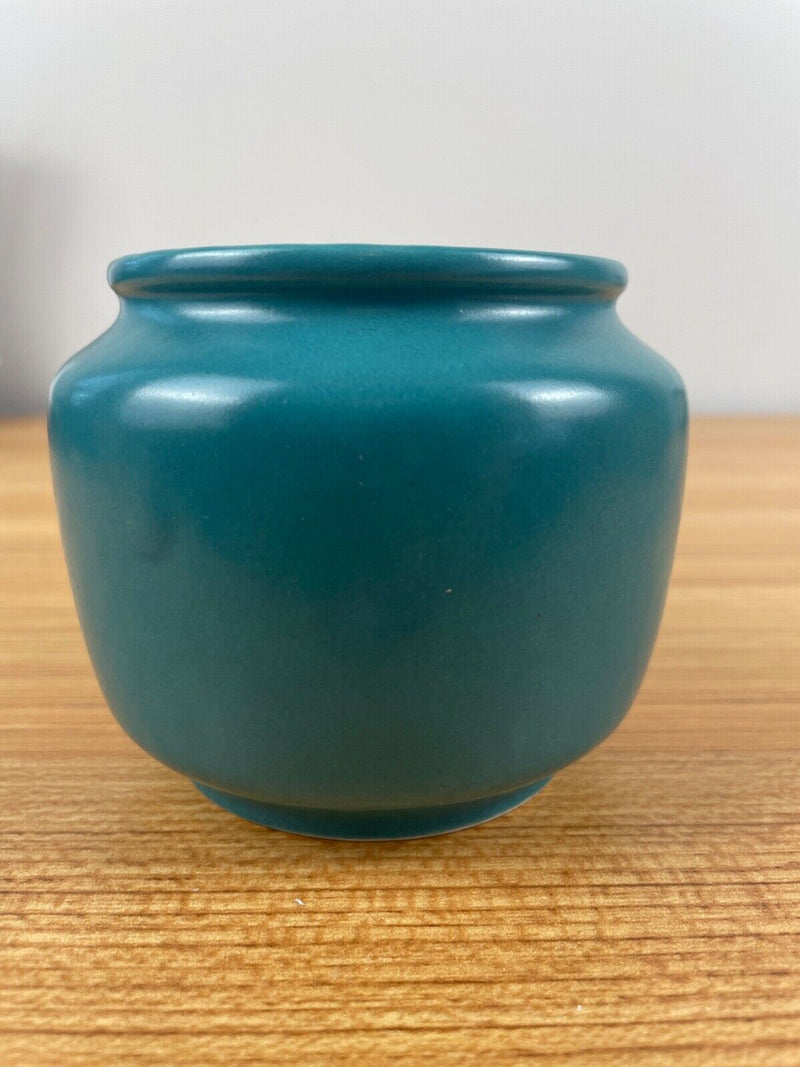 Vintage Cowan Lakeware Teal Bulbous Art Pottery Vase  1940's Stamped 3" Tall