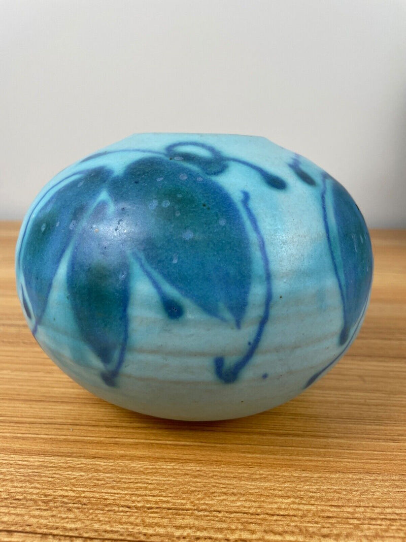 JT Abernathy art pottery Blue Round Cabinet Vase signed, Ann Arbor, 5" Tall