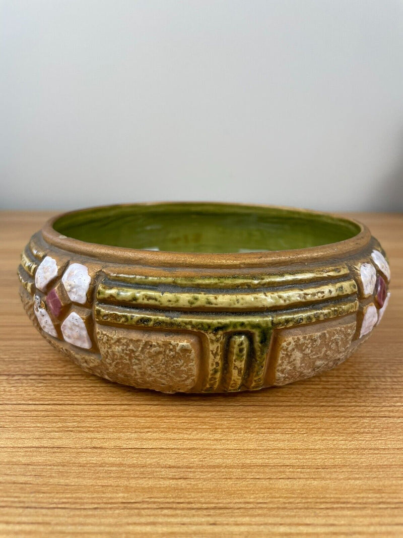 Roseville Art Pottery Mostique Pattern Pottery 6 Inch Bowl Green Glazed Interior