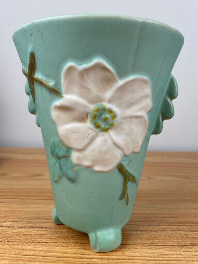 1930’s Weller Art Pottery Wild Rose Green 3-Footed Double-Handled Vase EUC