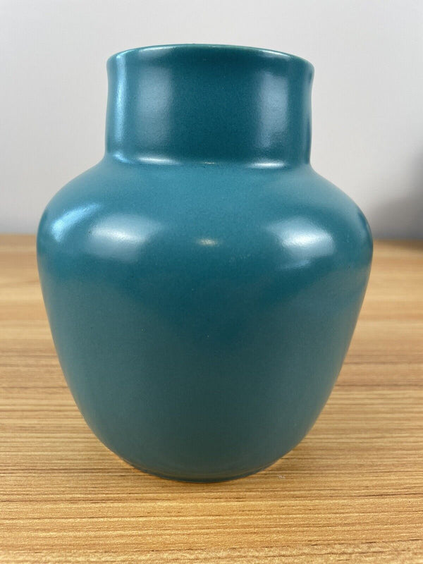 Vintage Cowan Lakeware Teal Bulbous Art Pottery Vase  1940's Stamped 5.5" Tall