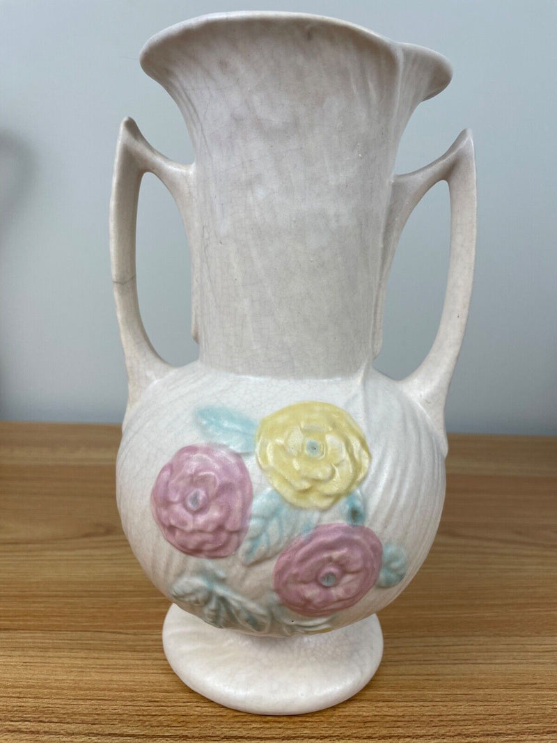 Hull Art Pottery - Open Rose / Camellia - 2 Handled Vase -# 119 - 9" Tall