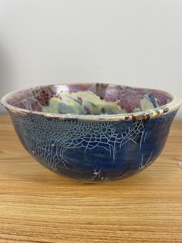 Tom Schoolcraft Handcrafted Art Pottery 8.5" Diameter Bowl Purple Blue Glaze