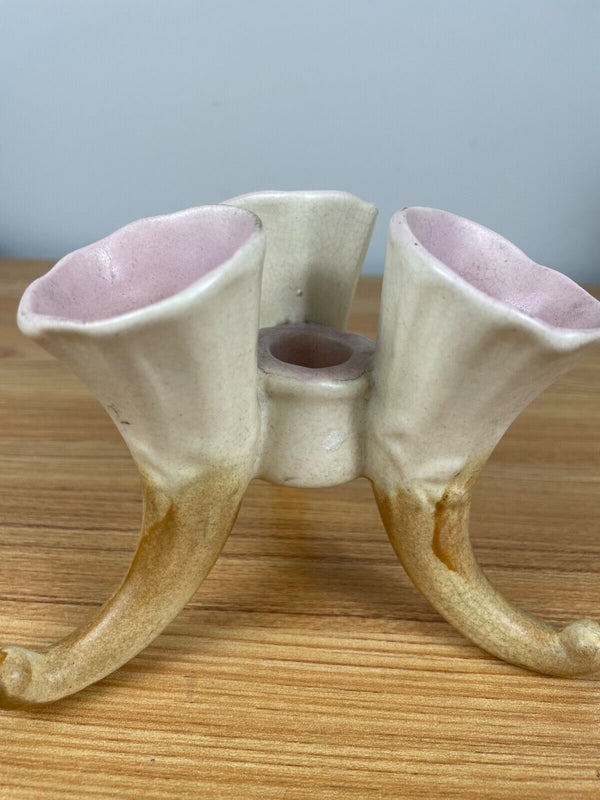 Rumrill 1940s Vintage Art Pottery Pink & Brown Triple Horn Bud Vase 4" Tall