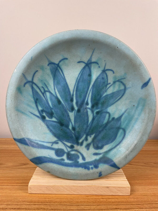 JT Abernathy Art Pottery Centerpiece Plate Ceramic Blue Leaf Design 11.5”