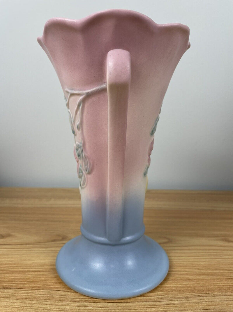 VTG HULL USA ART POTTERY VASE w HANDLES 503-8 1/2  PINK TO BLUE FADE DOGWOOD