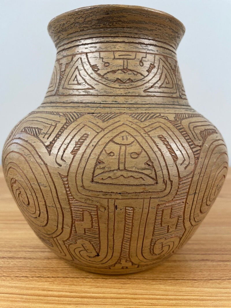 BRAZIL AMAZONIAN RED CLAY POTTERY JAR ETCHED PATTERN BY RAIMUNDO CARDOSO 8" Wide