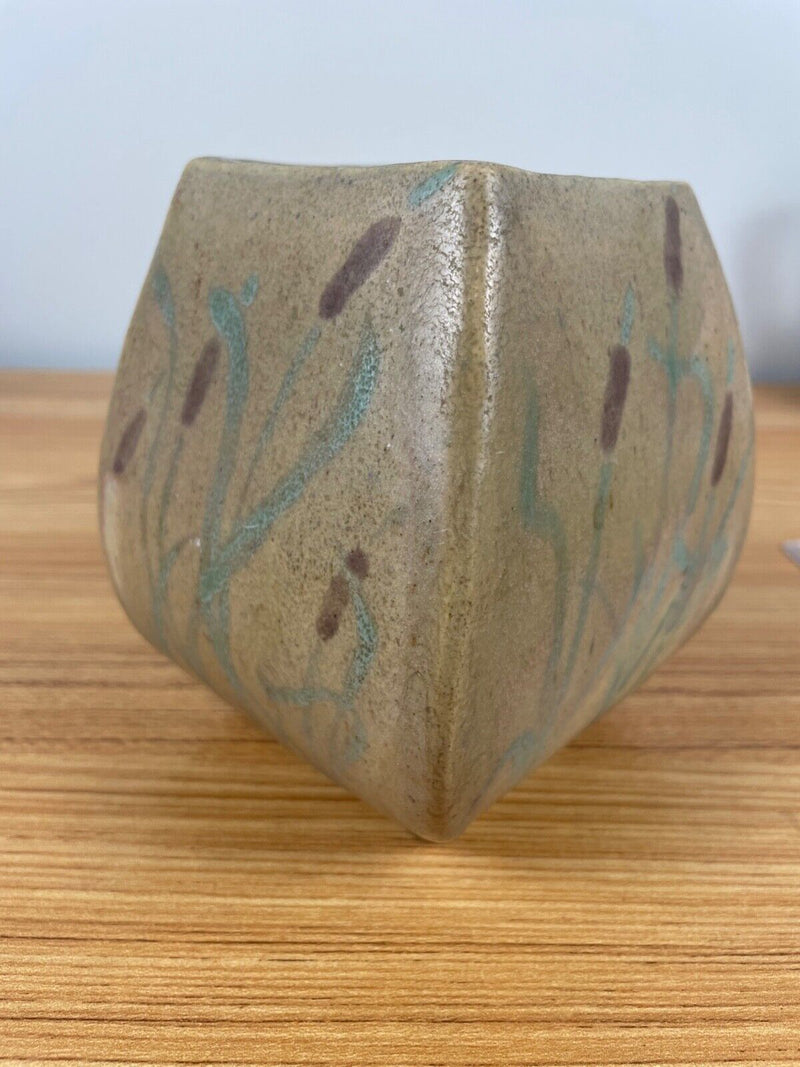 Antique Studio Art Pottery / Student Hand Decorated Cattail Square Vase Signed