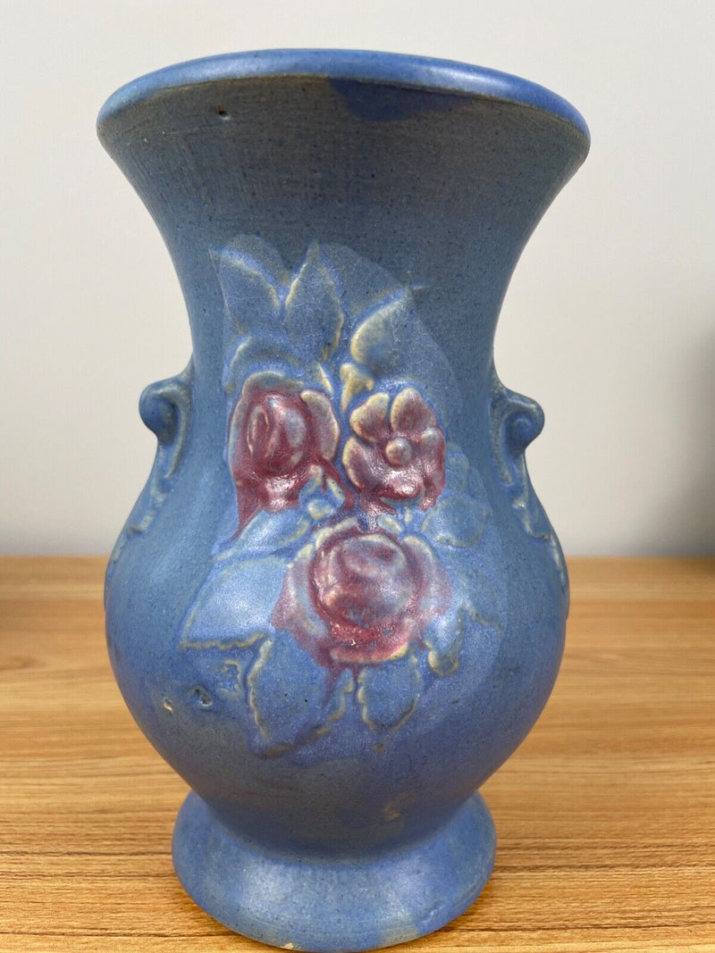 ANTIQUE Brush McCoy ART Pottery 8" MATTE Blue W/Floral Decoration #741 Vase