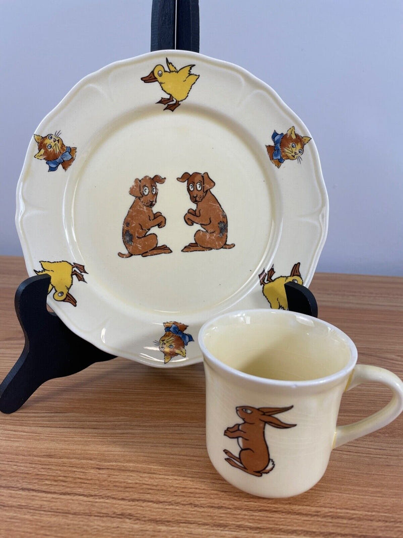 Mount Clemens Vintage Art Pottery Juvenile Creamware Dog And Chick Mug & Plate