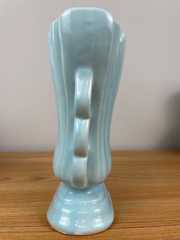 Vintage Hull Mardi Gras Art Deco Vase Cream BLUE Glaze Large Scalloped USA