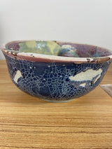 Tom Schoolcraft Handcrafted Art Pottery 8.5" Diameter Bowl Purple Blue Glaze